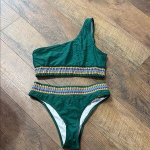 Green One-Shoulder Bikini with Colorful Trim